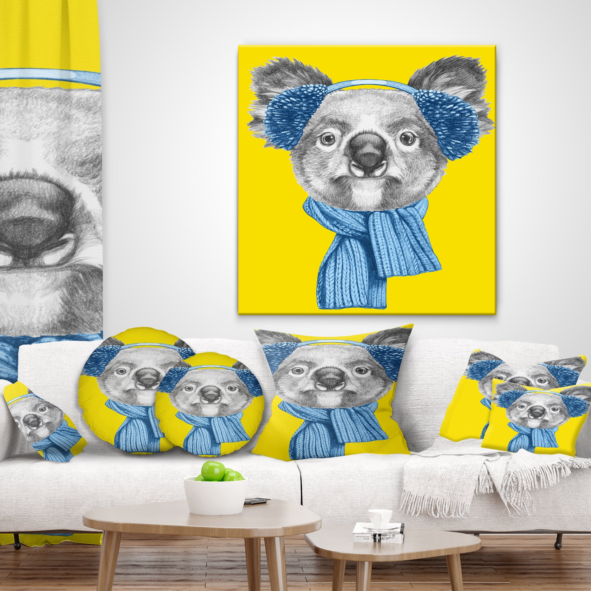 Designart Koala with Scarf and Earmuffs - Animal Throw Pillow - 12x20