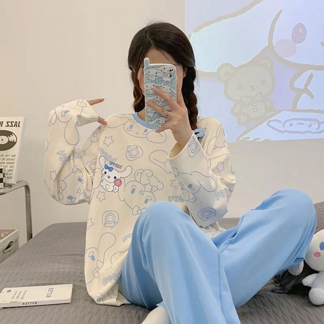 Pijama de manga larga Sanrio Kuromi Cinnamoroll Y2k para mujer, traje de cuello redondo fino, ropa de casa de dibujos animados de Anime, otoño