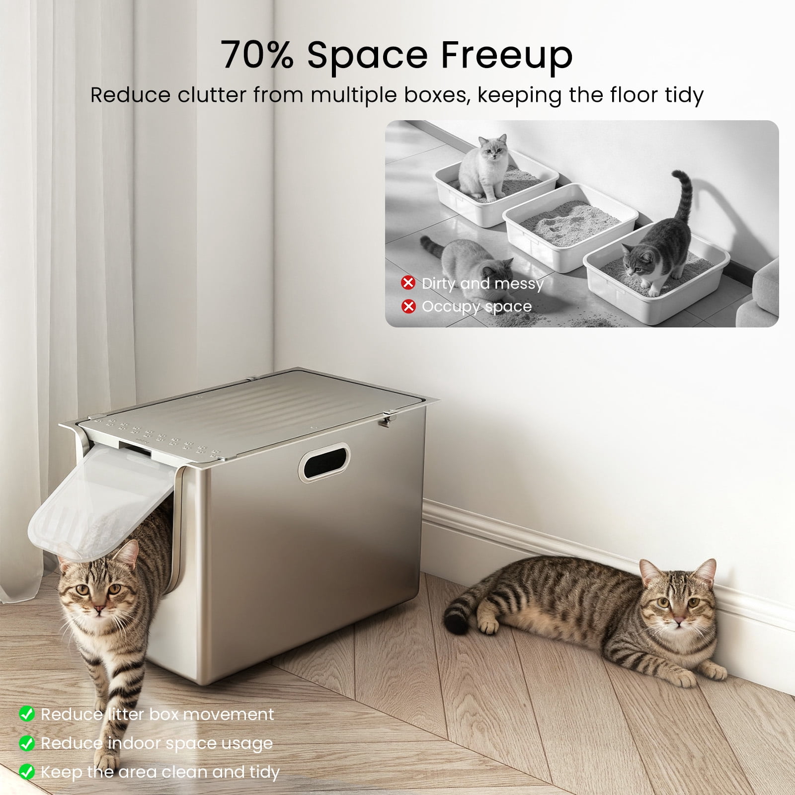 Ptlom Flip Top Stainless Steel Litter Box 22.8" x 14.9" x 14.5" Extra Large Metal Litter Box with Lid High-Sided One-Piece Litter Pan
