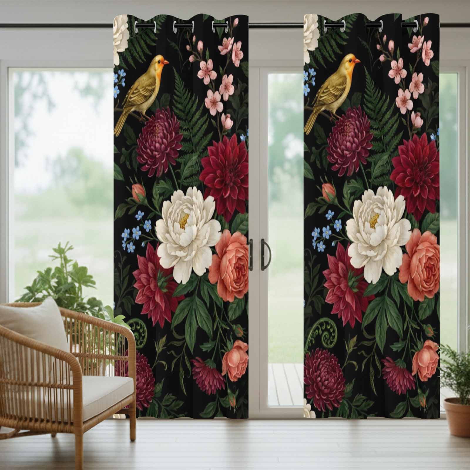 Peony Rose Outdoor Curtains for Patio, Rustic Botanical Vintage White Red Flower Fern Leaf Sunshade Privacy Drapes Grommet Waterproof Outside Curtains for Porch/Cabana/Balcony 54"x 108", 1 Panel