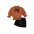 thumbnail image 2 of One opening Toddler Baby Girls Leather Skirt Outfits Ribbed Sweater Shirt Tops + PU Leather Dress Fall Clothes Set, 2 of 6