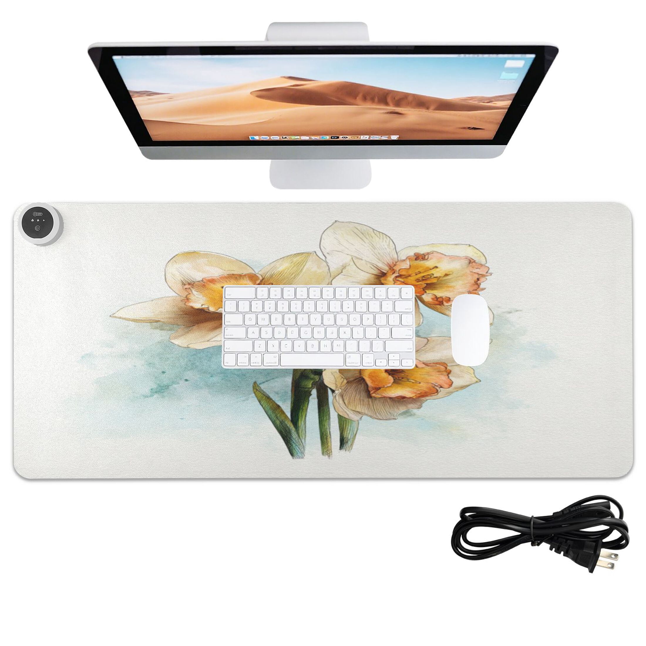 Large Heated Desk Mat Mouse Pad 31.5"x13"PU Leather Graphene Heating Desk Warmer with 3 Temperature Settings 110V US Plug Non-Slip Warm Pad for Home, Office, and Gaming Soft Bloom Trio Pattern