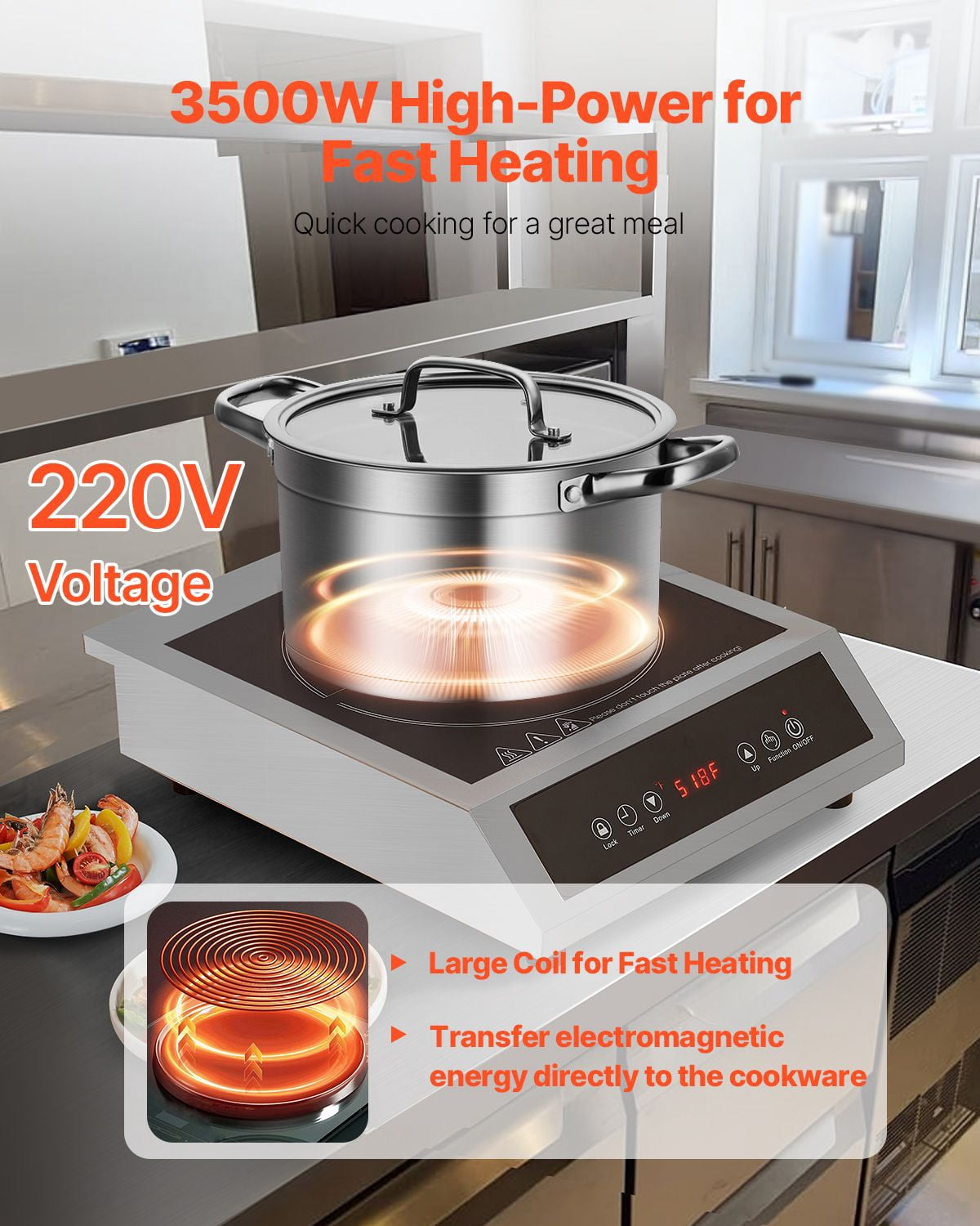 Portable Commercial Induction Cooktop 3500W Countertop Burner 11 Temp Levels, Waterproof, Stainless Steel, 11-Level Precision Temp Control, Faster service, steadier output, and easier daily cleaning