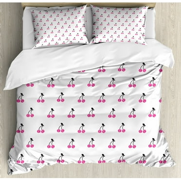 Cherry King Size Duvet Cover Set, Hand Drawn Illustration of Red Pie Cherry Figures with a Single Leaf on Stems, Decorative 3 Piece Bedding Set with 2 Pillow Shams, Pink Black White, by Ambesonne