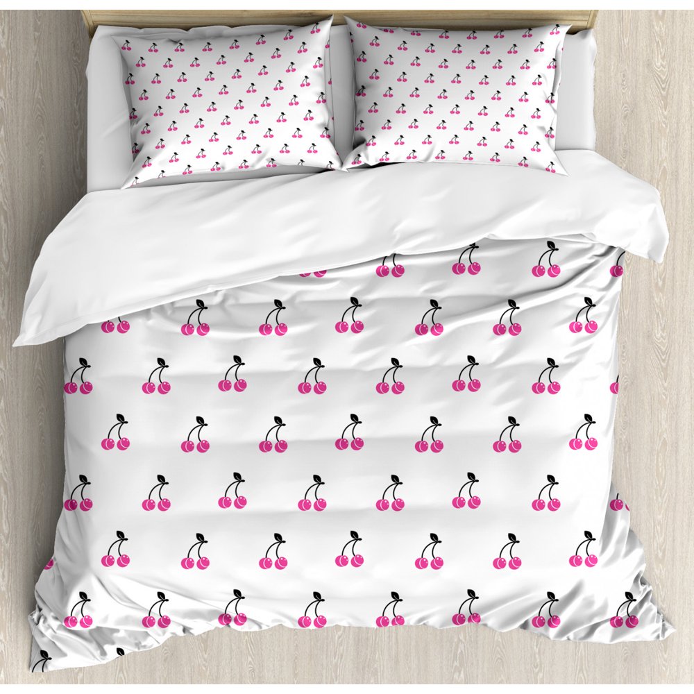 Cherry Queen Size Duvet Cover Set, Hand Drawn Illustration of Red Pie
