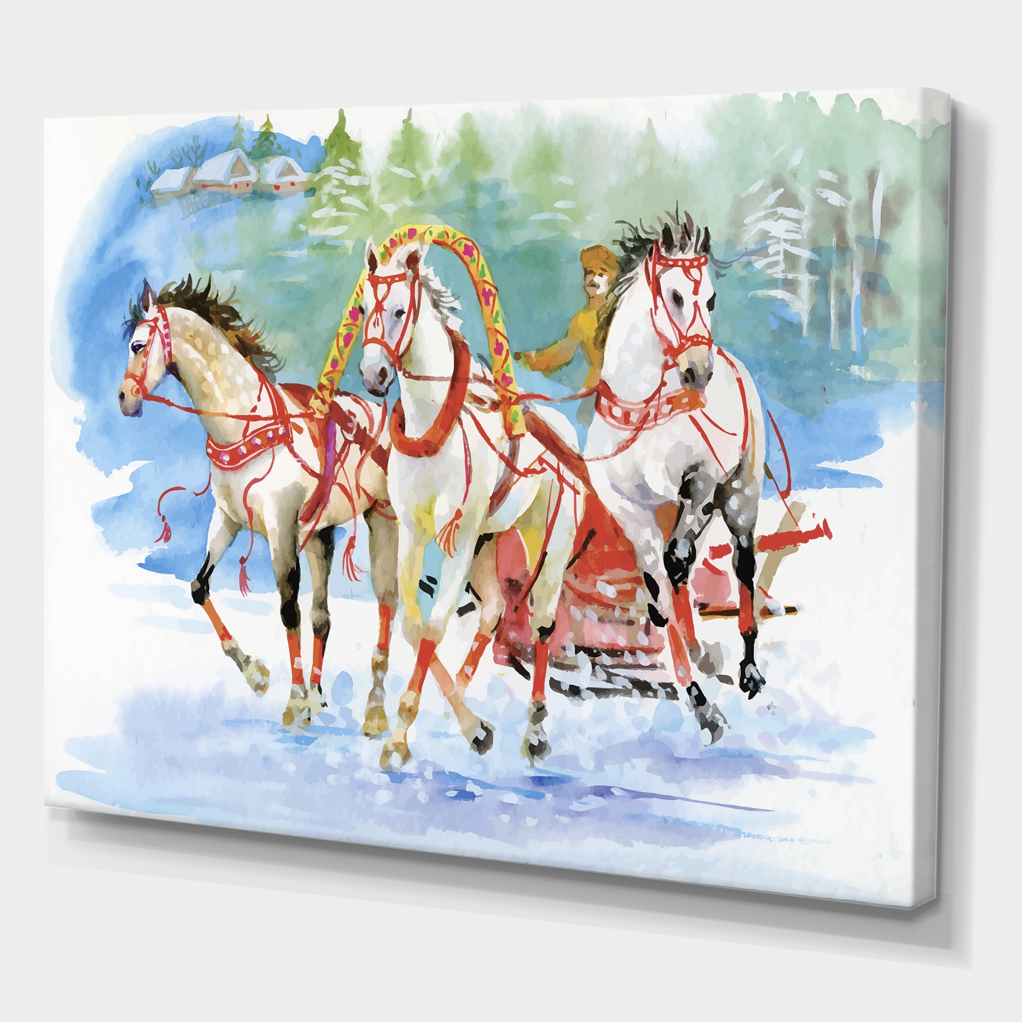 Designart ' Carriage In The Snow With Galoping Horses ' Farmhouse Canvas Wall Art Print