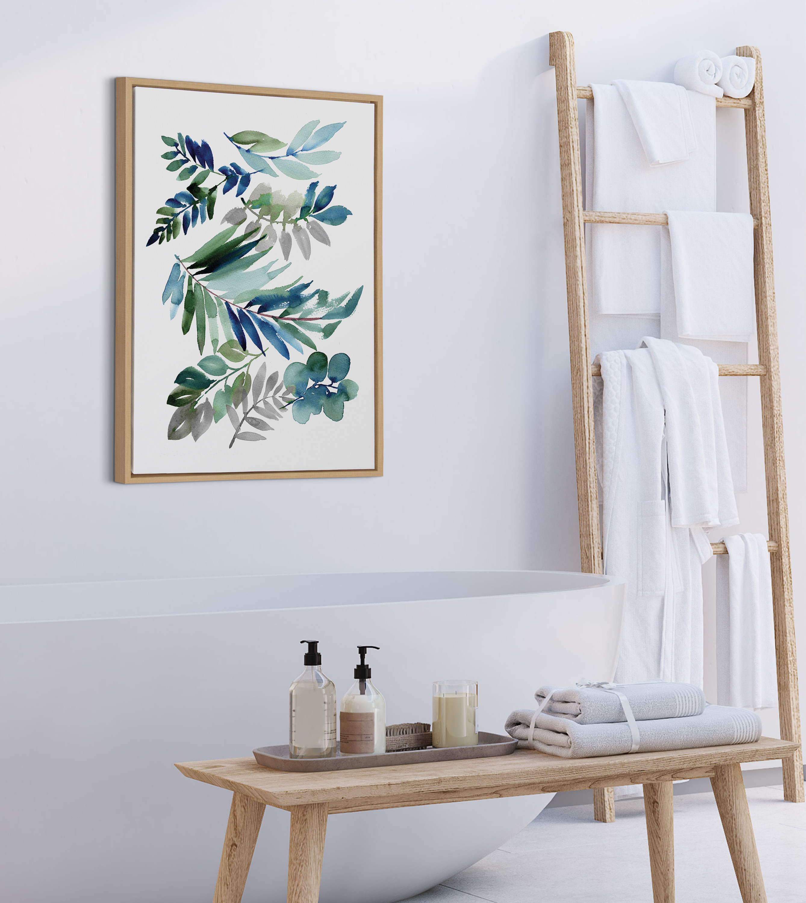 Kate and Laurel Sylvie Tropic Leaves Blue Framed Canvas Wall Art by Sara  Berrenson 23x33 Natural Watercolor Floral Home Decor
