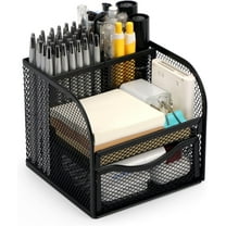 Mesh Desk Organizer with Drawer, 4 Compartments Metal Pen Holder, Black Square Desktop Storage for Office, Home