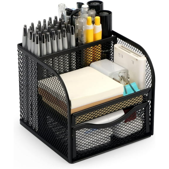 Mesh Desk Organizer with Drawer, 4 Compartments Metal Pen Holder, Black Square Desktop Storage for Office, Home