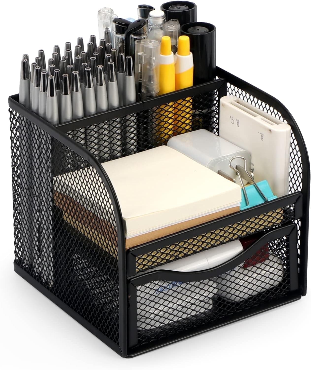 Mesh Desk Organizer with Drawer, 4 Compartments Metal Pen Holder, Black Square Desktop Storage for Office, Home