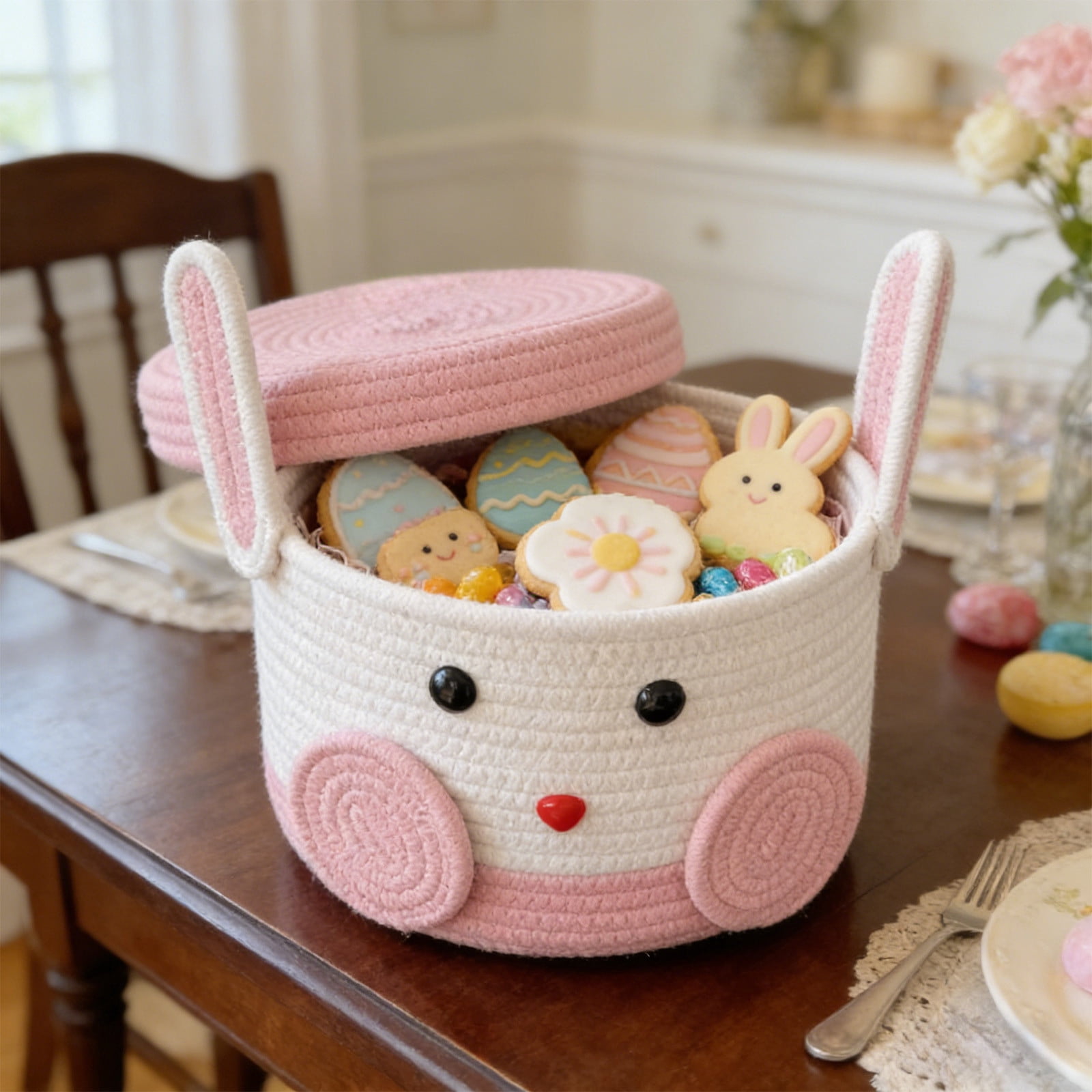 Rabbit Shaped Cotton Rope Storage Basket with Lid Handwoven Polyester Easter Basket for Candy Toys Home Decor, 9.84x8.27 Inch