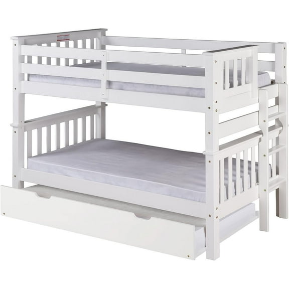 French Country Bunk Beds Twin Over Twin with Trundle, Solid Wood, White Bedroom Beds