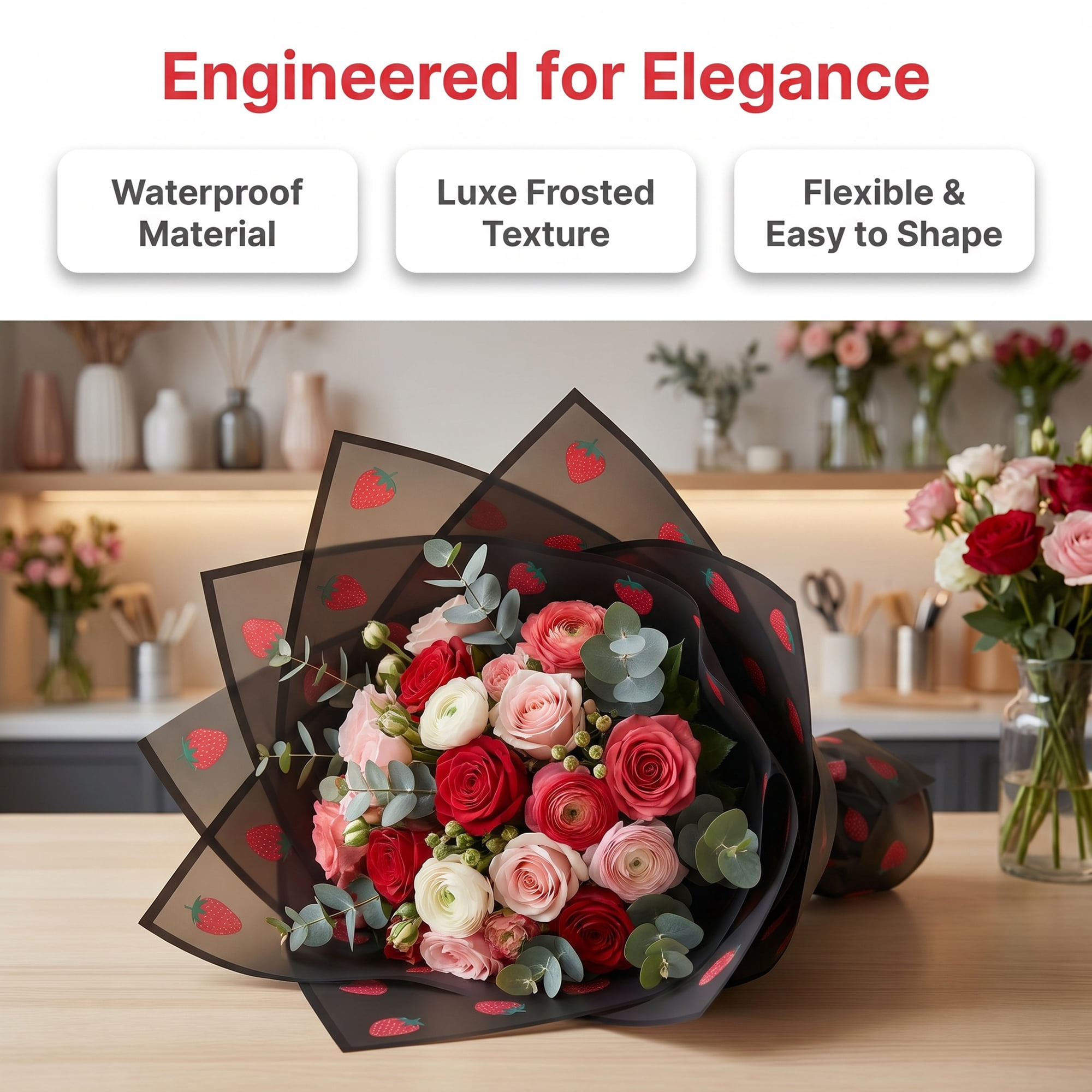 Unique Bargains Strawberry Gift Wrapping Paper Sheets for Floral Gifts Black 22.4"x 22.4"