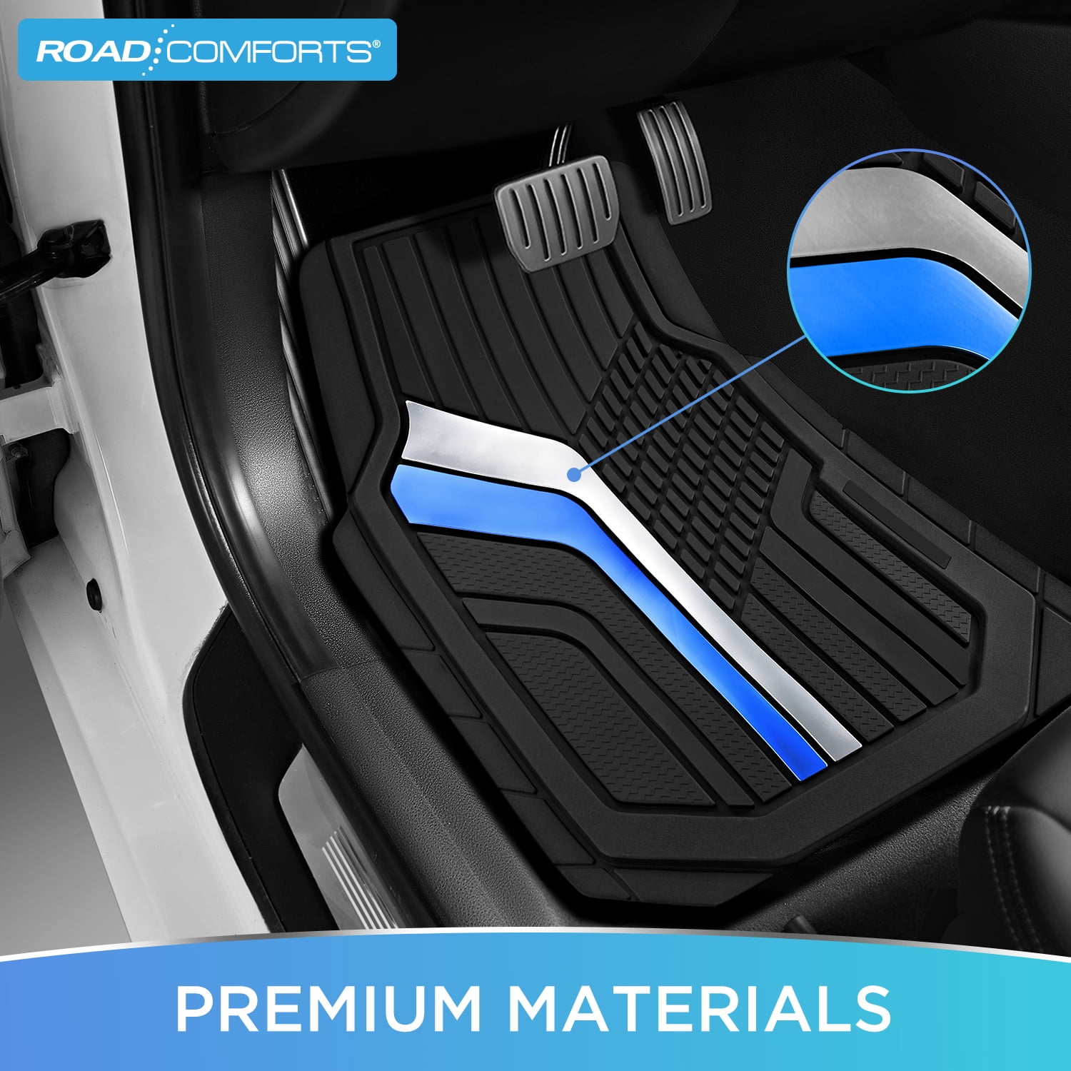 Road Comforts Car Floor Mats,Heavy-Duty Rubber Car Floor Mats,Sports Style Car Floor Mats,Non-Slip,Front,Universal Fit,Blue&Sliver