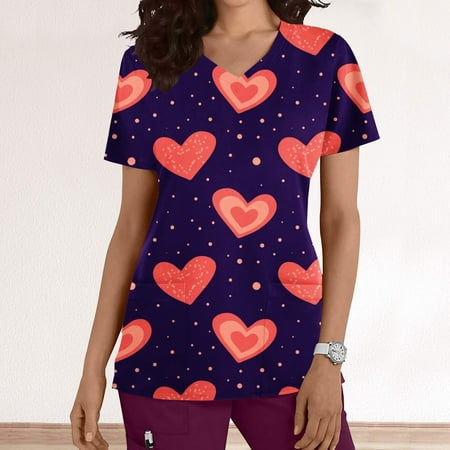 

Valentines Day Gifts for Her UHEOUN Womens Tops Valentines Scrubs for Women Fashion Short Sleeve V-Neck Tops Working Uniform Happy Valentines Day Printing With Pockets Tops End of Year Clearance