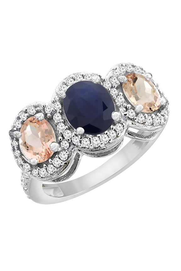 14K White Gold Natural Blue Sapphire & Morganite 3-Stone Ring Oval Diamond Accent, size 6