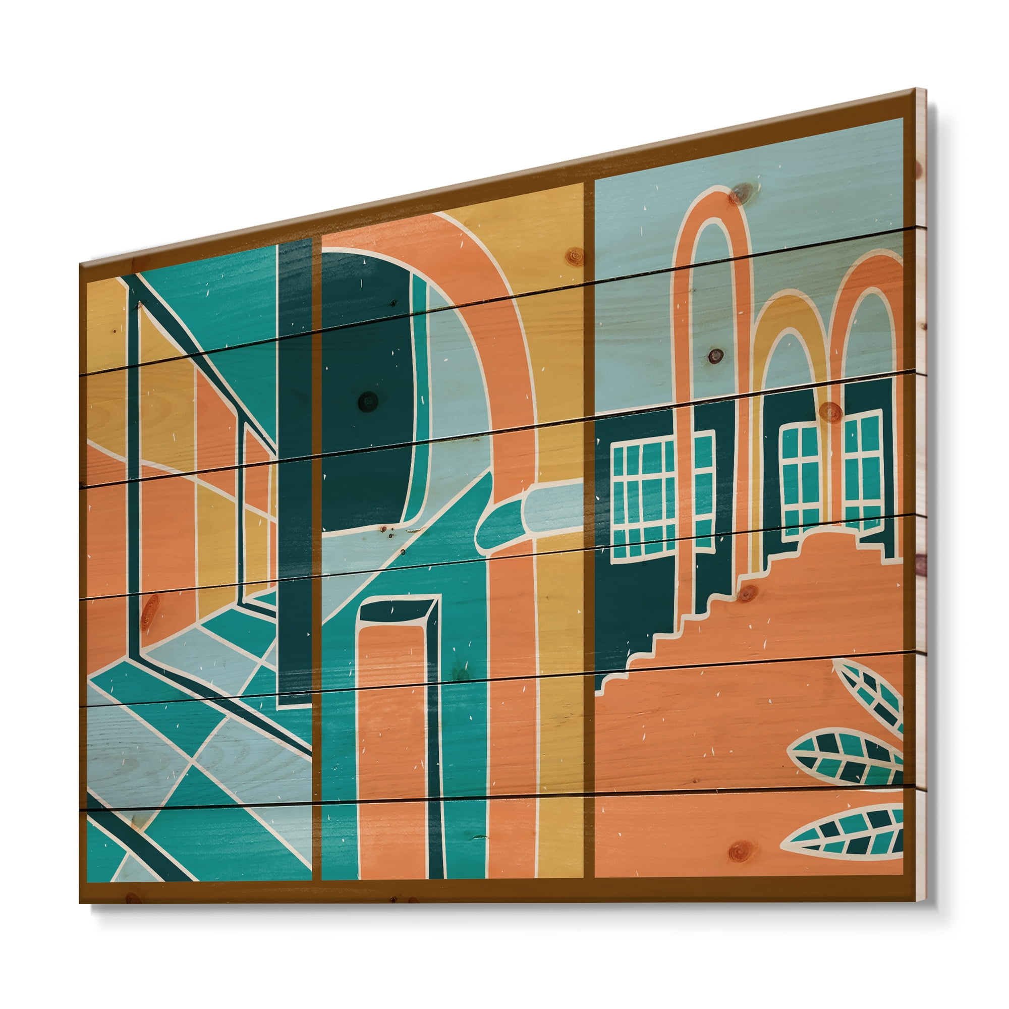 Designart 'Geometric Shapes Vintage Style Building Windows' Modern Print on Natural Pine Wood