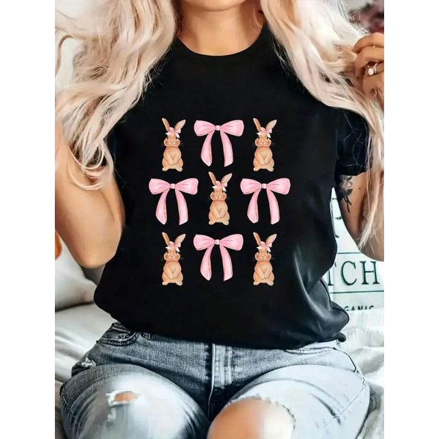 Camiseta ligera de algodón estampada para mujer: Camisa de manga corta cómoda con cuello redondo, 1 pieza, camiseta informal