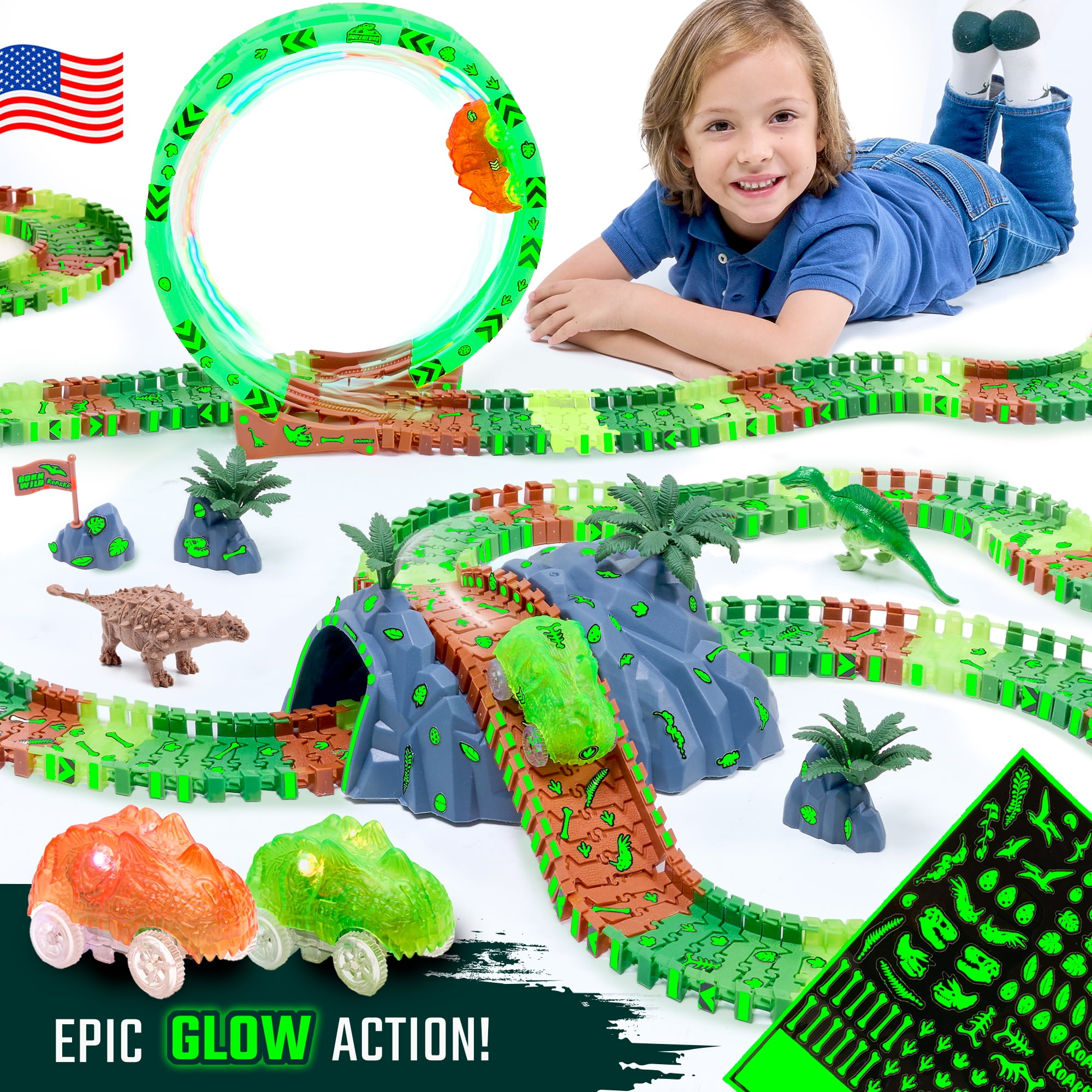 JitteryGit Dinosaur Toys for Boys Race Car Track STEM Vehicle Playsets for Kids Toddler Ages 3 4 5 6 7 8 Year Olds
