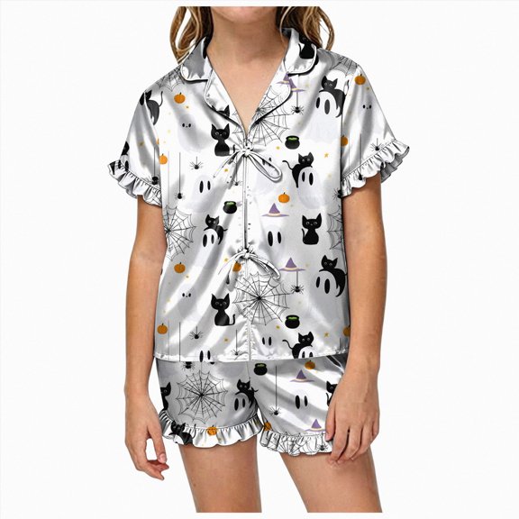 KPOPLK Halloween Pajamas Girls 2 Piece Pumpkin Ghost Sleepwear Short Sleeve Jammies for Kids Button-Down Nightwear Kids Pajamas Girls,Size 1-2 Years