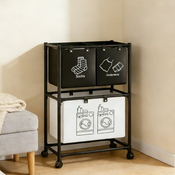 2-Tier Freestanding Laundry Hamper Sorter, Laundry Sorter Organizer with Removable Bags, Sorted Dirty Clothes Basket Bin for Bedroom, Bathroom & Dorm, White