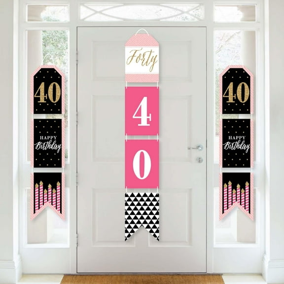 Big Dot of Happiness Chic 40th Birthday - Pink, Black & Gold - Hanging Vertical Paper Door Banners - Birthday Party Wall Decor Kit - Indoor Door Decor