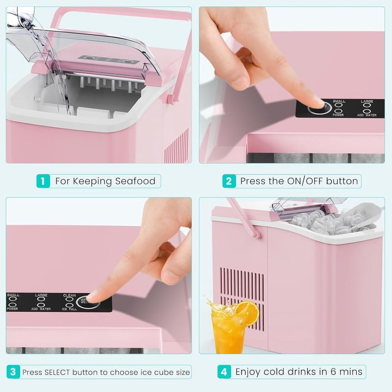 Simenmax Portable Ice Maker, Countertop Ice Machine with Handle & Basket, Compact for Home, RV, Camping, Parties – Pink
