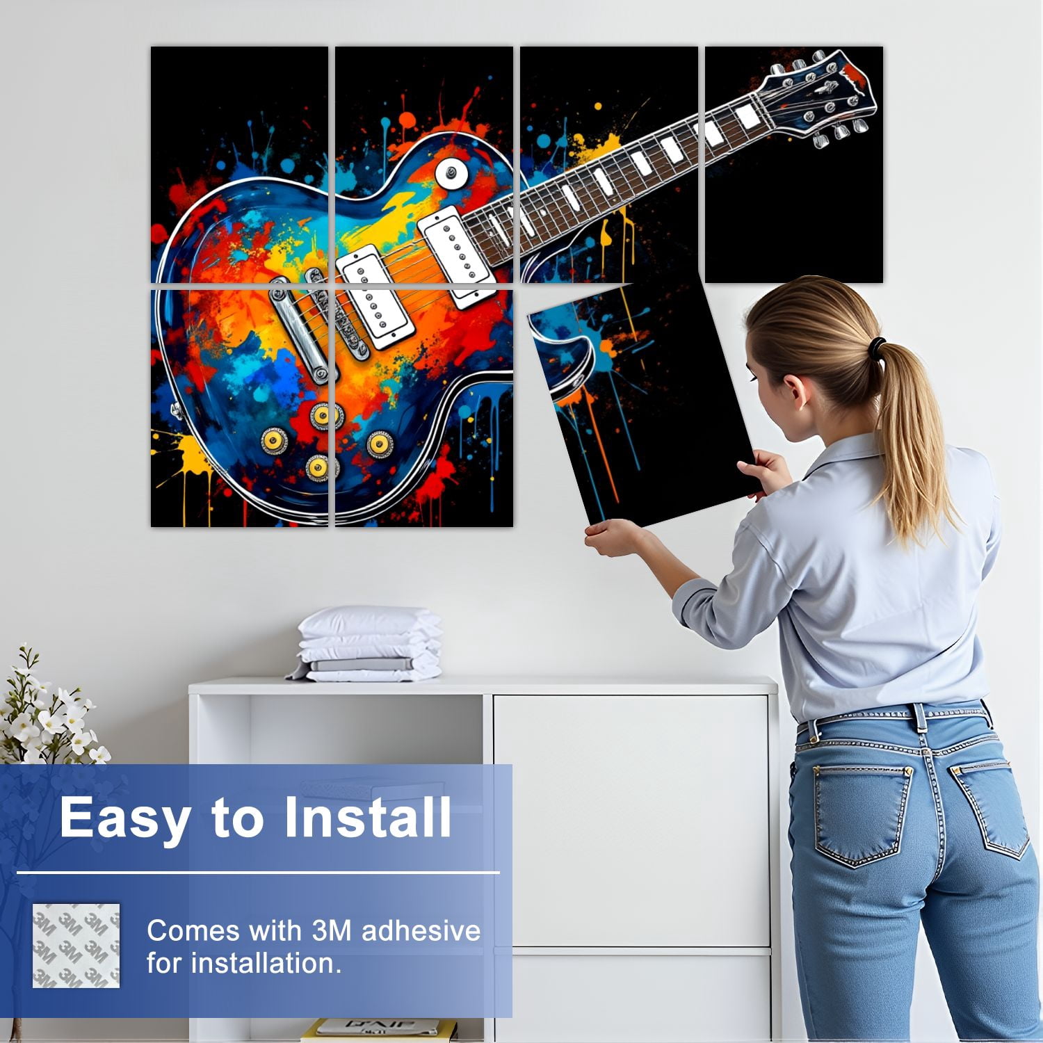 Musical 8 Pack Art Acoustic Panels Sound Absorbing Colorful Electric Guitar Abstract Paint Splashes Decorative Soundproof Wall Panels Self Adhesive for Nursery Game Room Music Classroom 48"x32"
