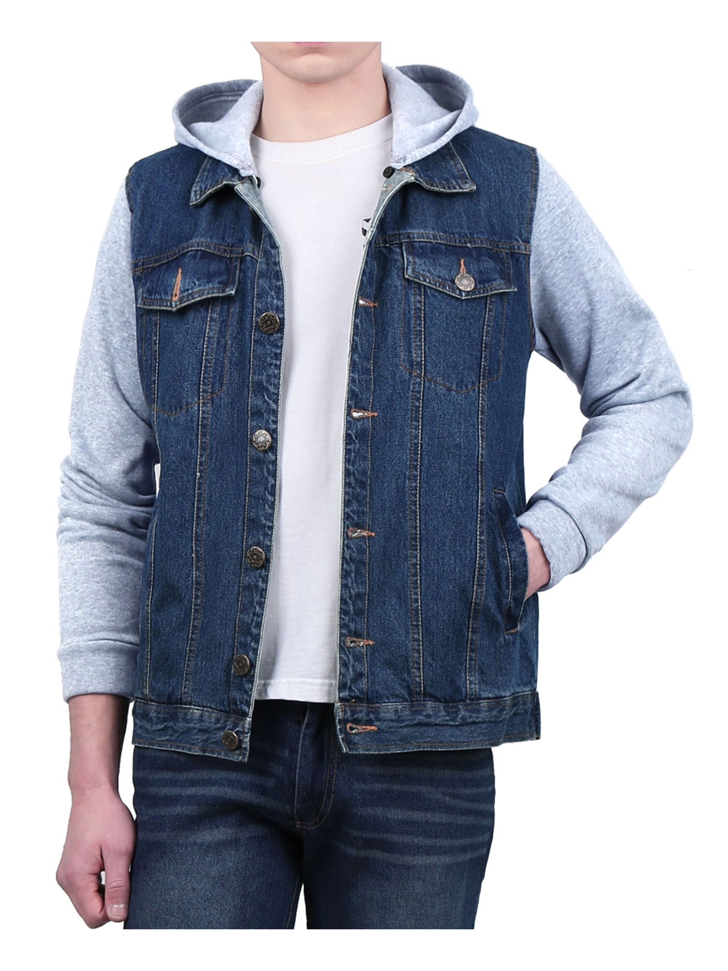 Unique Bargains Men's Hoodies Jean Patchwork Sleeves Button Down
