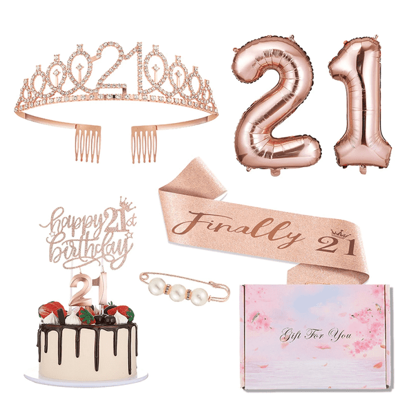 Rose Gold Birthday Party Decorations, 21st Birthday Decorations for Her, Including 21st Birthday Sash with Pearl Pin,Crown,Cake Topper,Candles,Balloons Set for Women Girls Birthday Princess Party