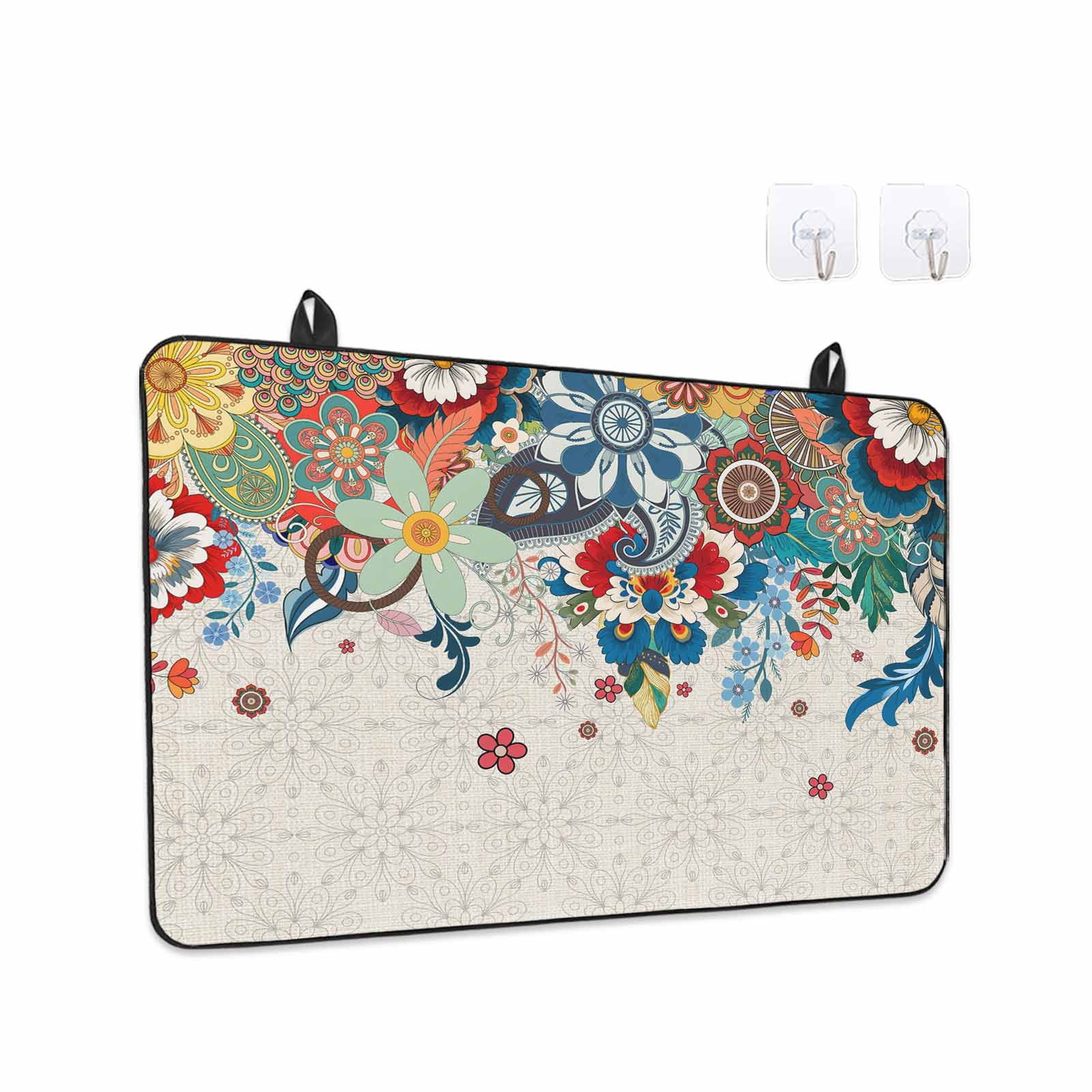 Boho Flowers Stove Top Cover for Electric Stove, Heat-proof & Non Slip Glass Top Stove Cover Protector, Abstract Ethnic Vintage Bohemian Floral Kitchen Flat Cooktop Rubber Mat 24x21 Inches