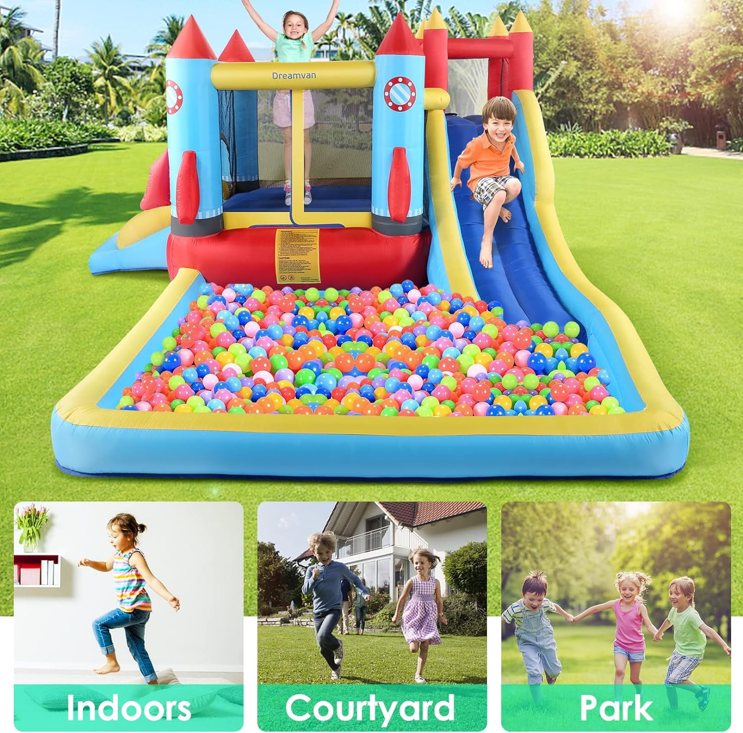 Qhomic 146''x 132'' x 82'' Inflatable Bounce Houses for Kids 3-10 with Blower Double Slide Climbing Wall and Ball Pit/Large Pool Outdoor/Indoor Bouncy House, PVC, Child, Teen, Toddler