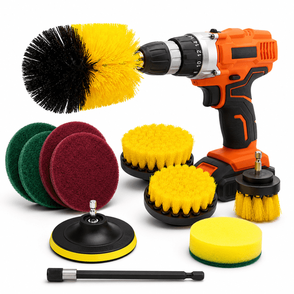 11Piece Drill Brush Attachments Set,Scrub Pads & Sponge,Power Scrubber Brush with Extend Long Attachment All Purpose Clean for Grout,Tiles,Sinks,Bathtub,Bathroom,Kitchen