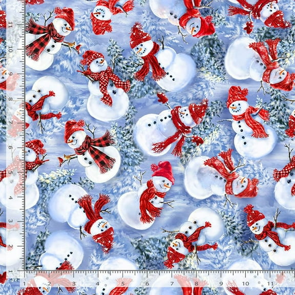 Cotton Christmas Eve Snowmen Snowman Trees Branches Timeless Treasures Blue Cotton Fabric Print by the Yard (DONA-CD3372-BLUE)