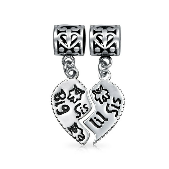 Bling Jewelry Womens BFF SIS Little SIS 2 Pc Split Heart Charm Bead Sterling Silver for European Bracelet