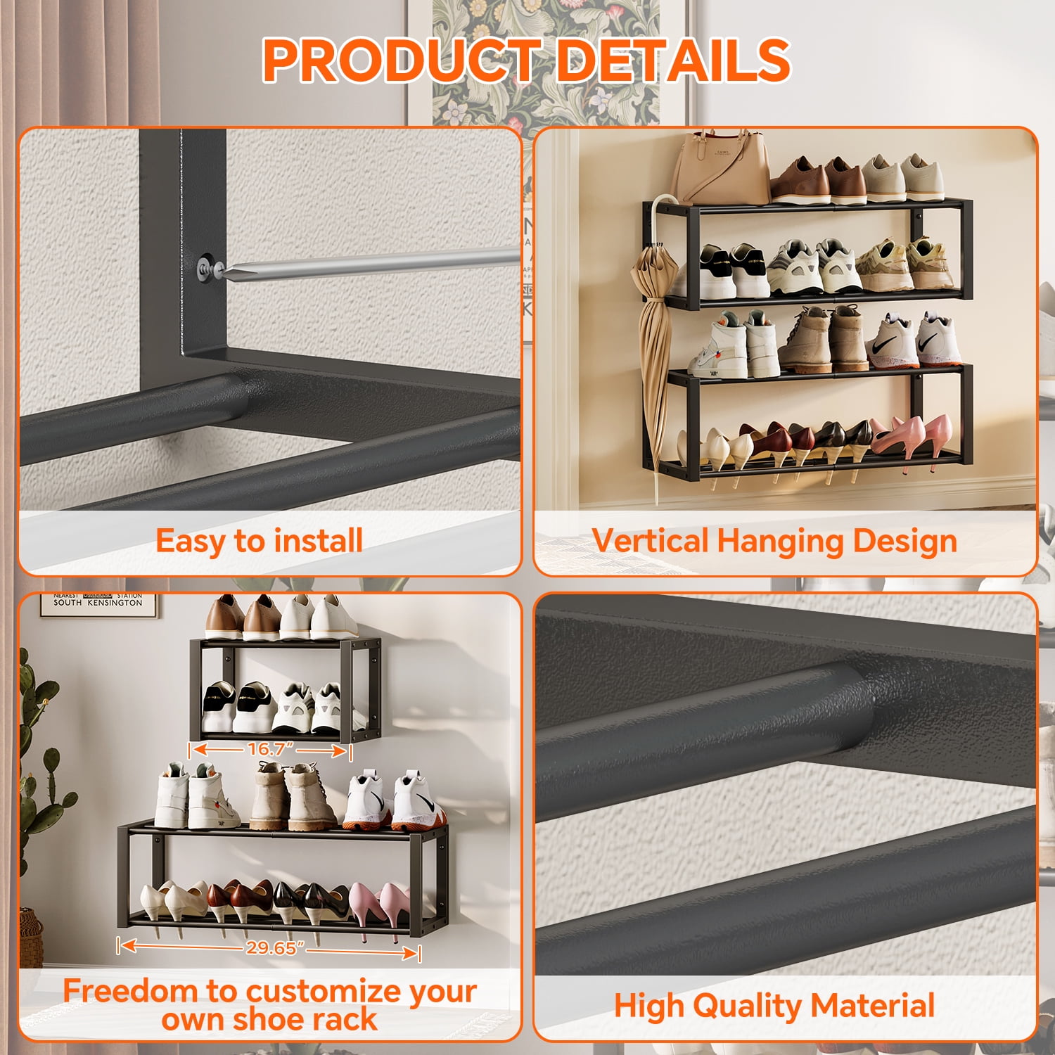 Hanging Shoe Organizer,2 Pack Wall Mounted Shoe Rack Holds 12 Pairs,Space Saving Metal Wall Shoe Rack,Hanging Shoe Rack Shoe Holder for Small Space,Entryway,Closet,RV,Camper（Black)