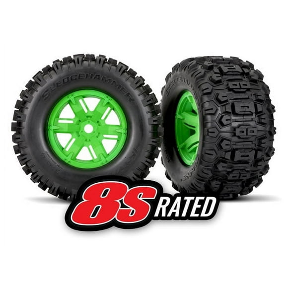 Traxxas 7774G Tires & Wheels, Sledgehammer Tires/Green Wheels Glued: X-Maxx (2)