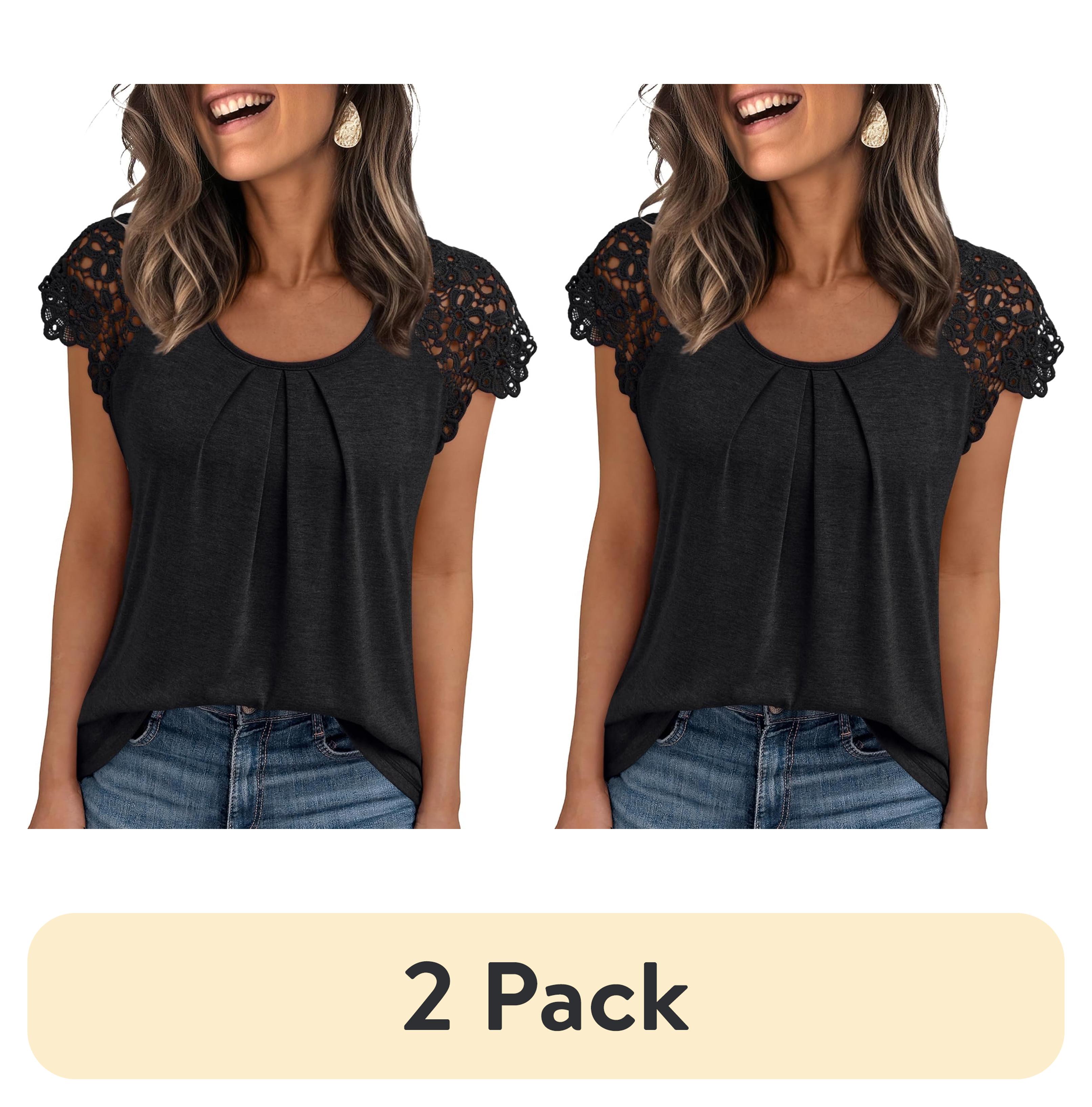 (2 pack) SUNBS Blouses for Women Lace Tops Pleated Short Sleeve Shirts Summer Business Casual Dressy Clothes