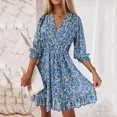 thumbnail image 2 of Gran oferta de la temporada, minivestido bohemio con estampado Floral, manga corta, cintura superior, bandolera ceñida, fibra de poliéster, cuello en V, 2 of 5