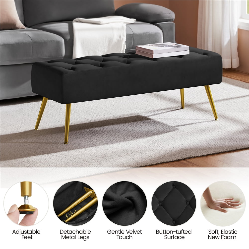 Yaheetech Velvet Upholstered Button Tufted Footstool Bench for Bedroom, Black