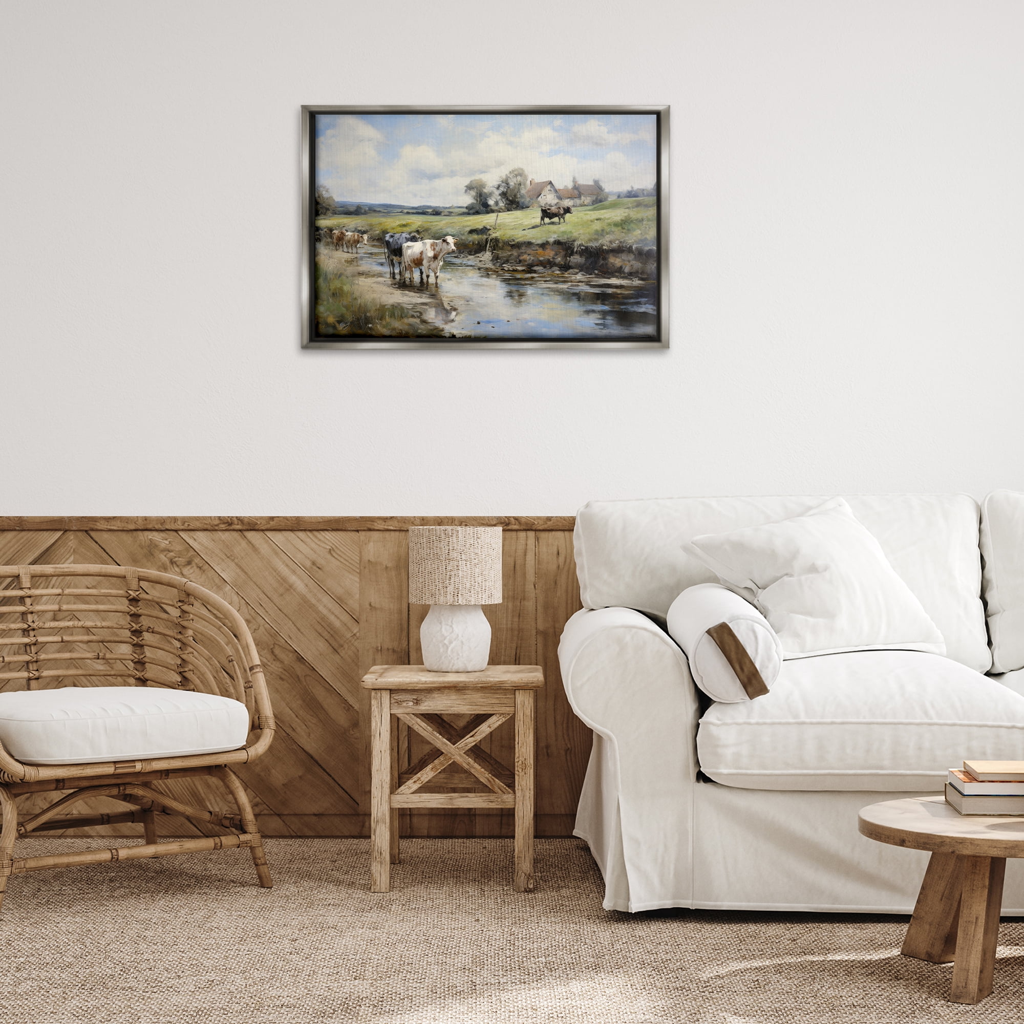 Stupell Industries Free Roaming Cattle Landscape & Nature Painting Gray Floater Framed Canvas Art Print Wall Art, 31 x 21