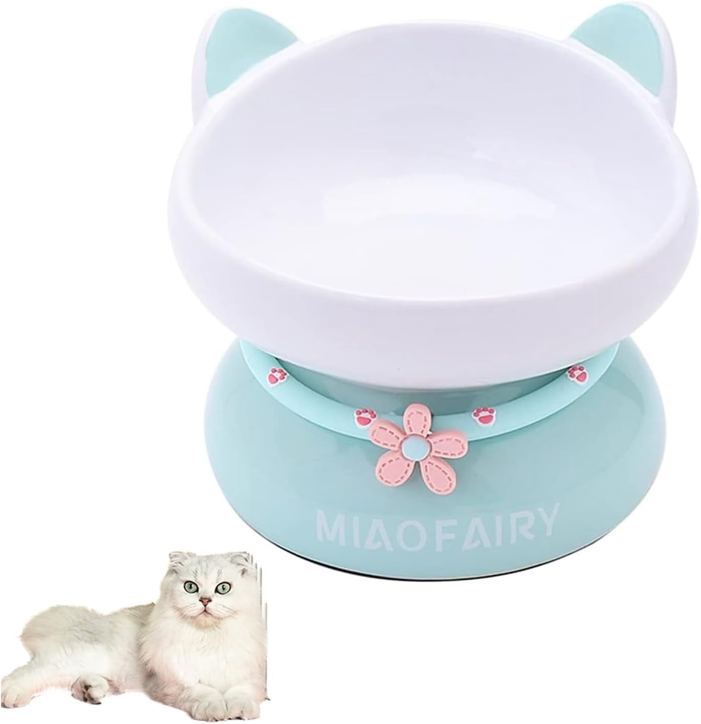 Fairela™ Elevated Ceramic Cat Bowl with Cute Ear Design - Anti-Slip Raised Stand Pet Food & Water Dish for Cats, Small Pets,Green