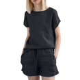 thumbnail image 1 of GZWYHT Ensembles de Détente pour Femmes Ensembles Confortables Vêtements pour Femmes Shorts en Coton Lin Rétro Mode Haut à Cordon Ensemble Deux Pièces pour Femmes Ensembles Deux Pièces pour Femmes Été Noir m, 1 of 7
