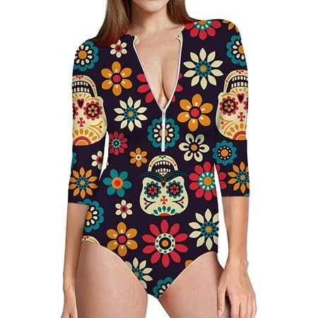 Sugar Skull One Piece Swimsuits Long Sleeve Uv Protection Surfing Rash Guard Zip Bathing Suit Swimwear For Women Walmart Canada