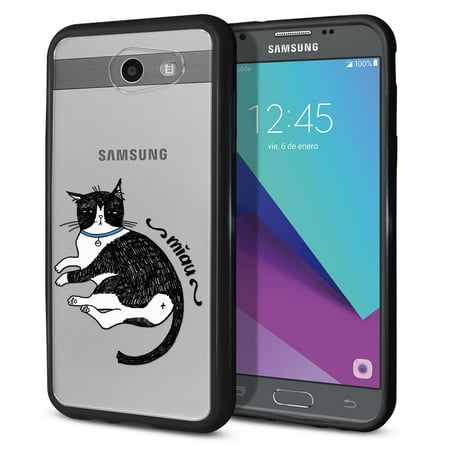 FINCIBO Slim TPU Bumper + Clear Hard Back Cover for Samsung Galaxy J3 J327, Tuxedo Cat Waking