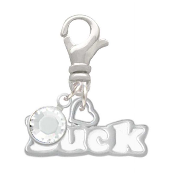 Delight Jewelry White ''Luck'' with Heart - Silvertone Clip on Charm with Clear Crystal Drop