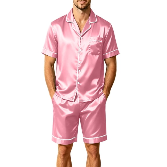 Mens Pajama Set, Short Sleeve Button Front Open Chest Pocket Tops and Dual Side Shorts Solid Color Sleepwear Nightwear Pink S