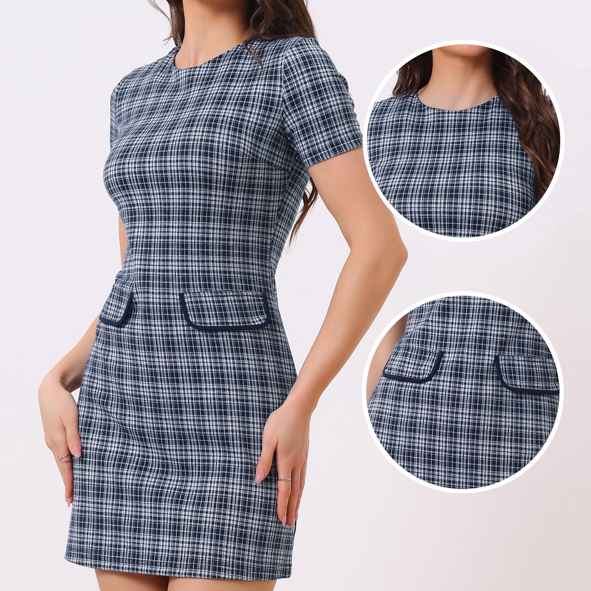 DARING DIVA Women's Dress Short Sleeve Vintage Houndstooth Dresses XS Dark Blue