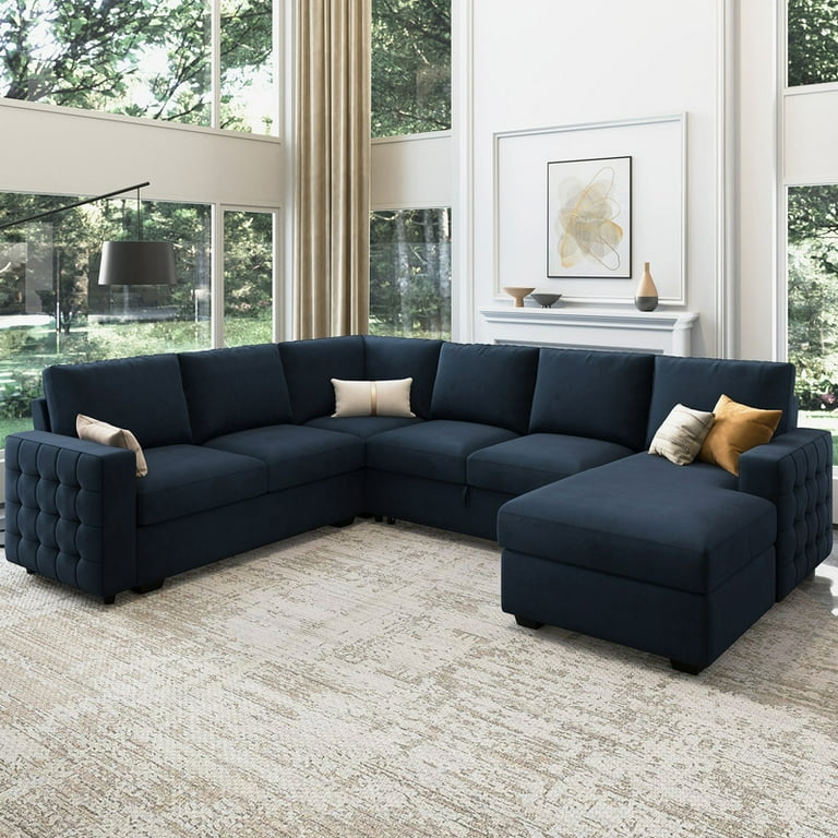Honbay 6 Piece Velvet Sleeper Sectional with Storage Space Dark Blue