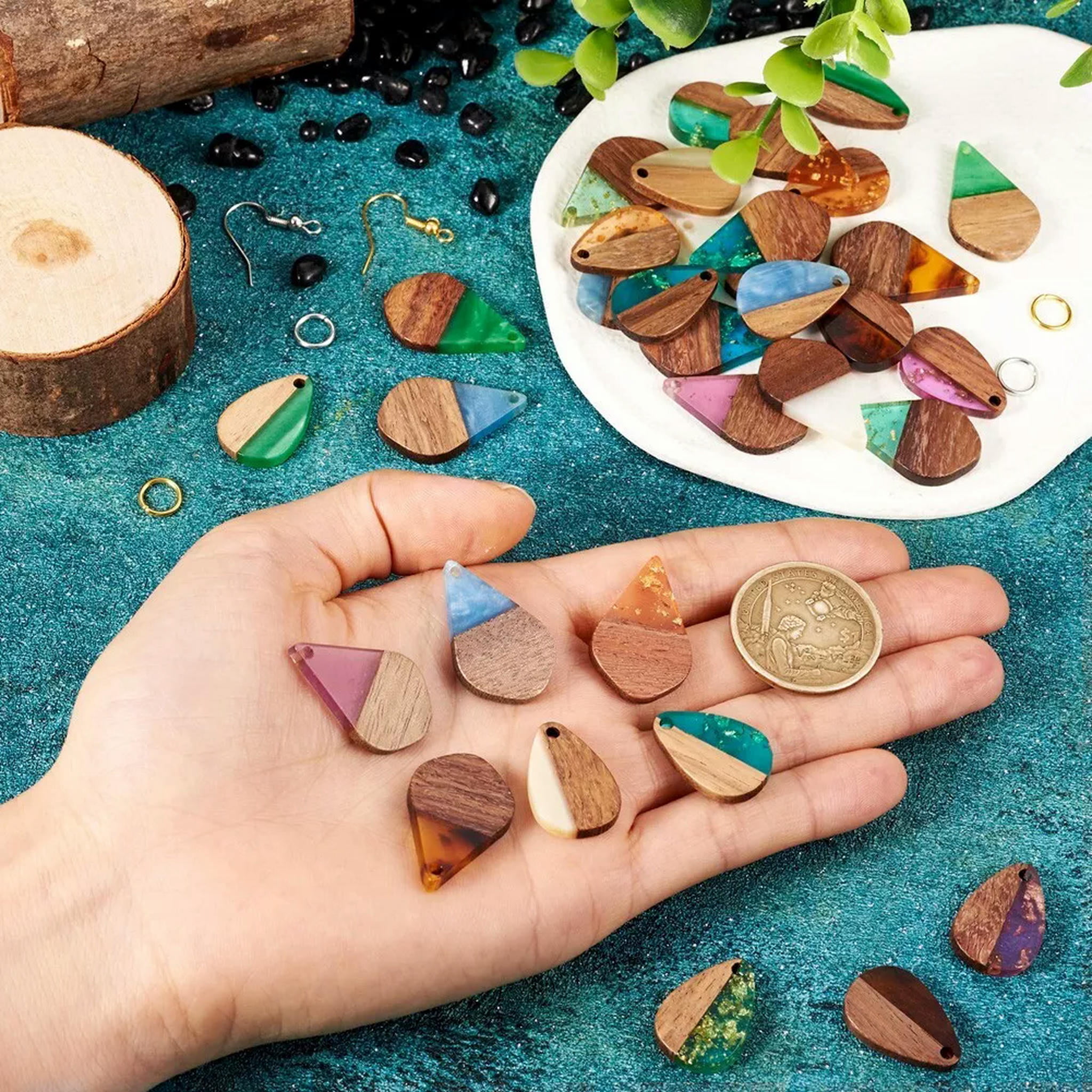 U8MO 16Pairs Resin Walnut Wood Pendants Hooks DIY Teardrop Dangle Earring Making Kits